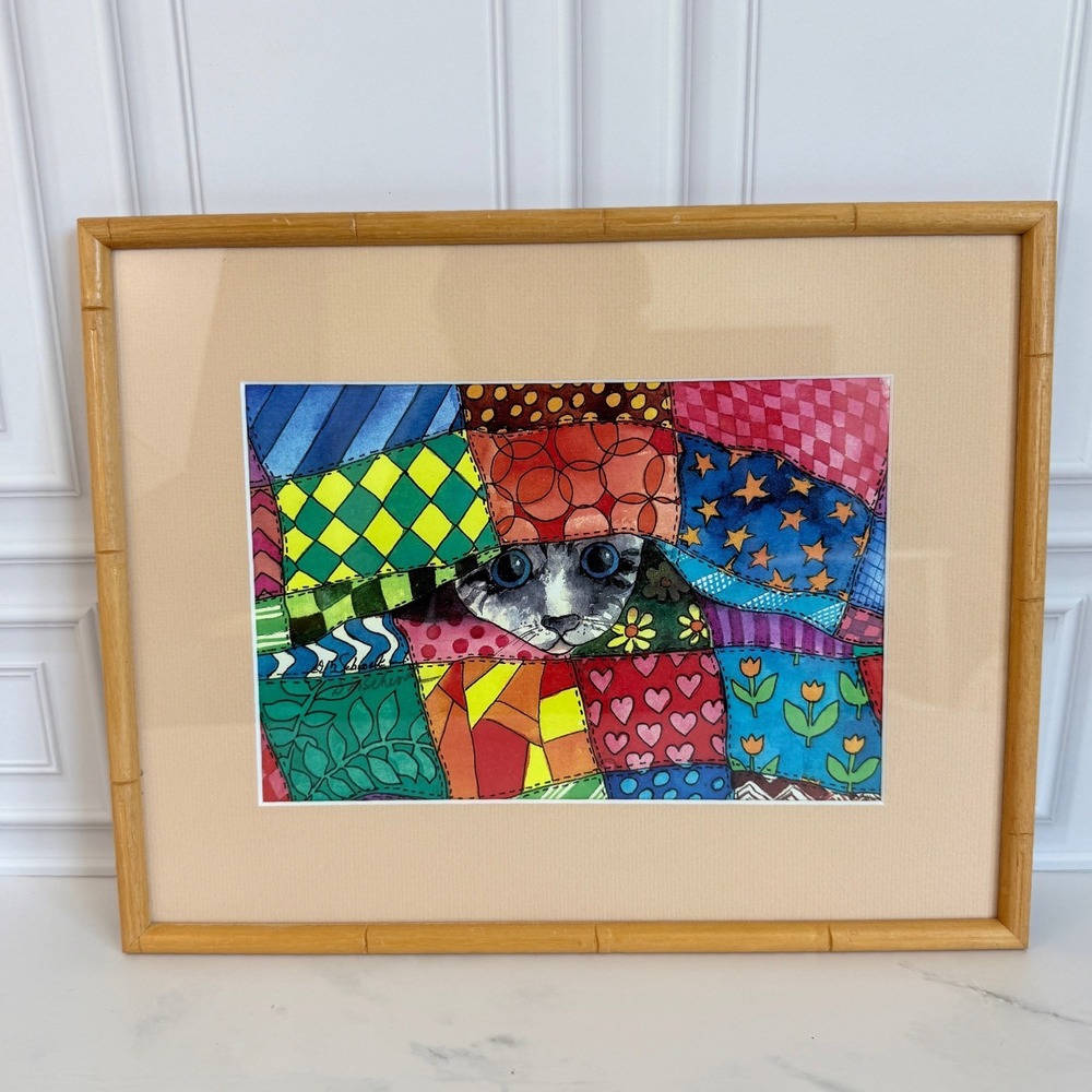 Framed Original CAT Hiding in Quilt Art Signed